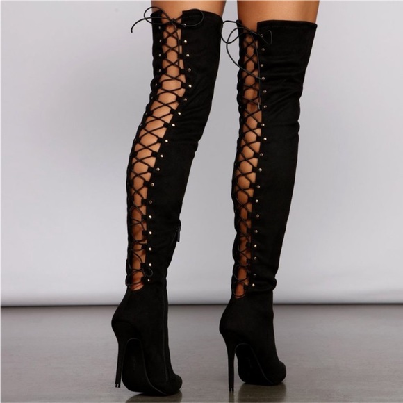 Black High Heel Open Back Corset Lace Up Thigh High Boot - Picture 2 of 15